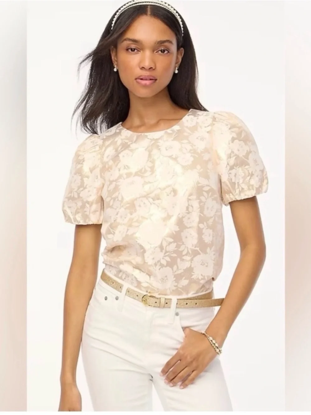 Jcrew gold floral jacquard puff sleeve top size xs